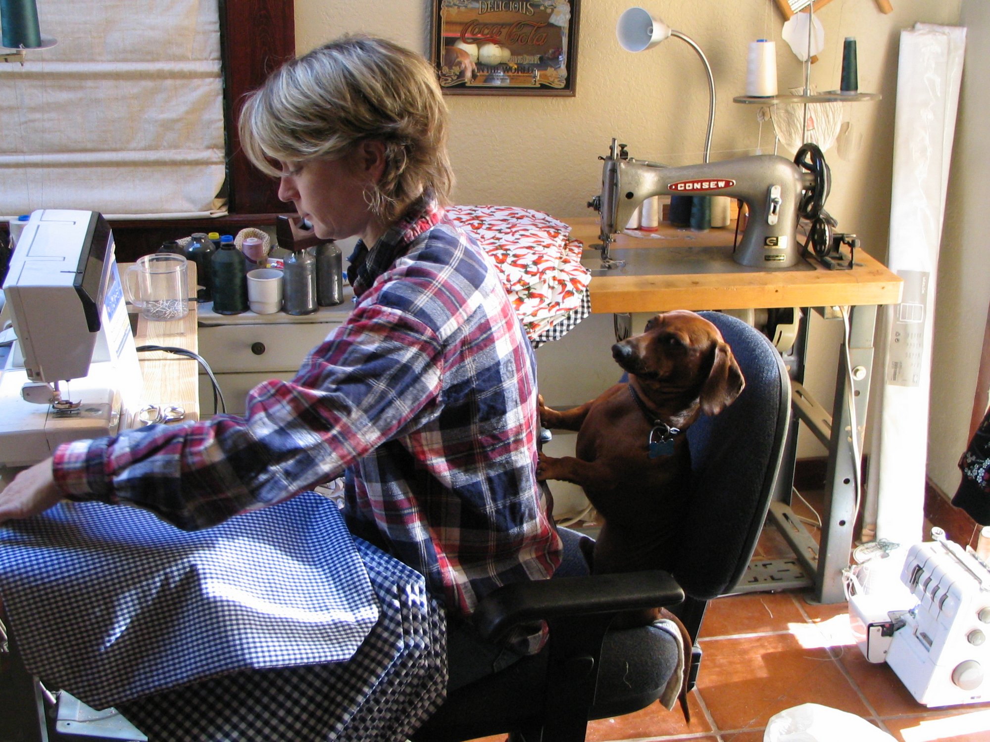 A woman sitting in a chair with a Dachshund behind her