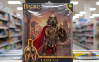 A toy dachshund dressed as a Roman hero