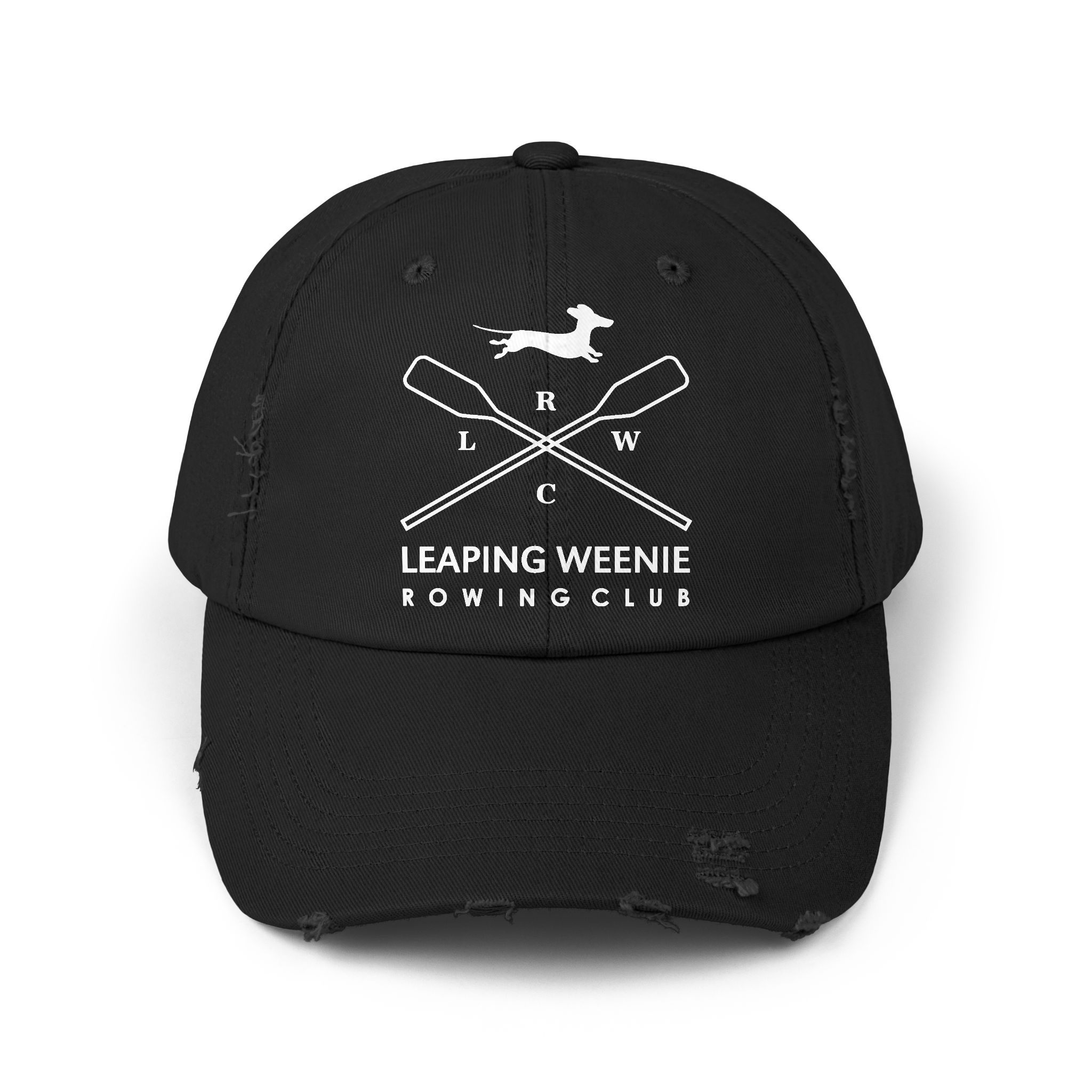 Distressed black cap with Leaping Weenie Rowing Club dachshund crest and crossed oars