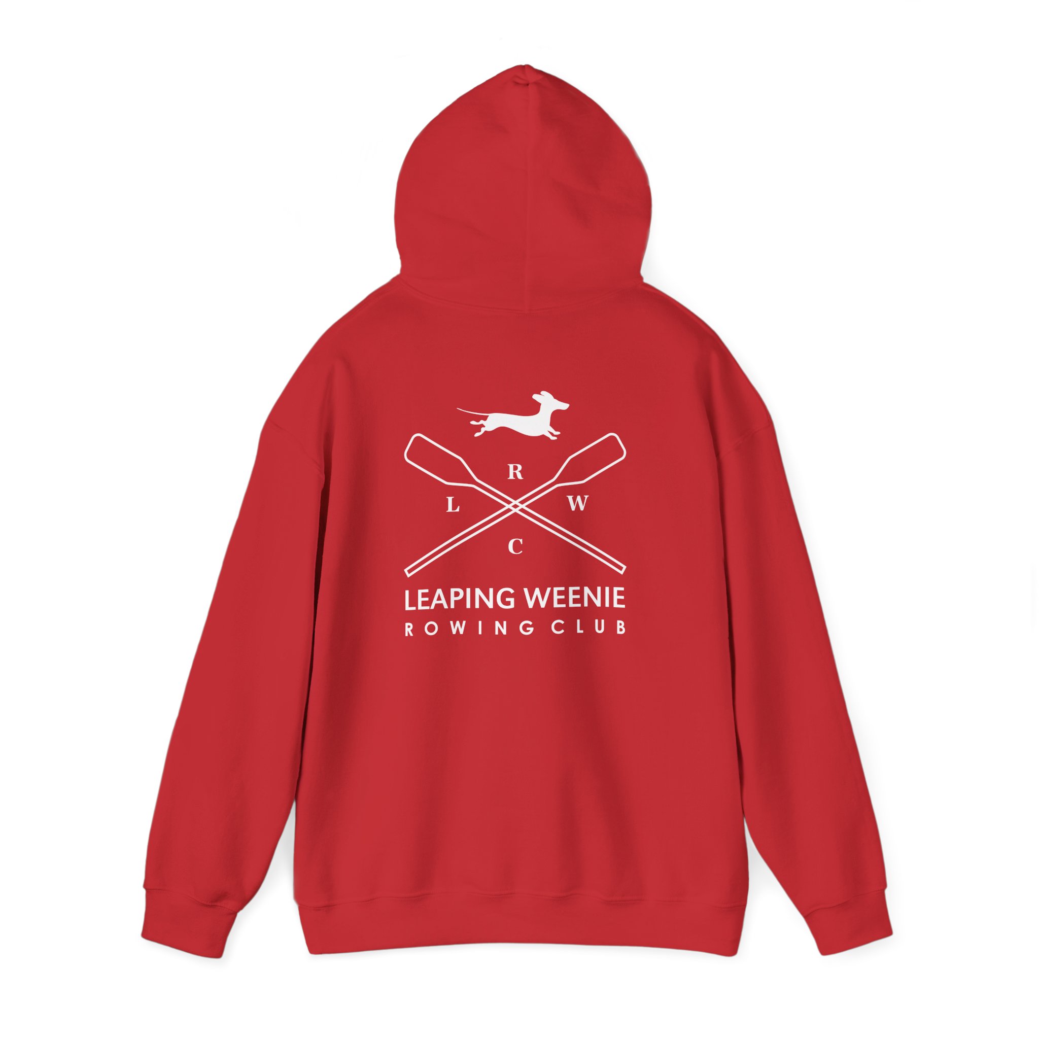Leaping Weenies Rowing Club hoodie with dachshund mascot and crossed oars logo on front and back