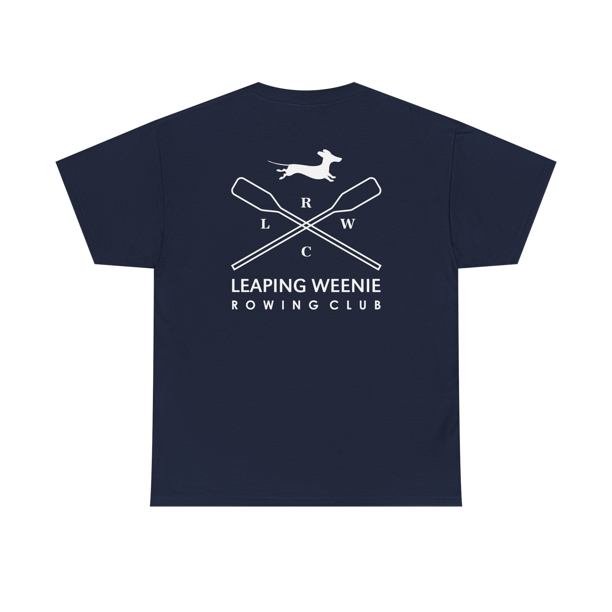 Leaping Weenies Rowing Club T-shirt with dachshund jumping over crossed oars and LWRC badge design