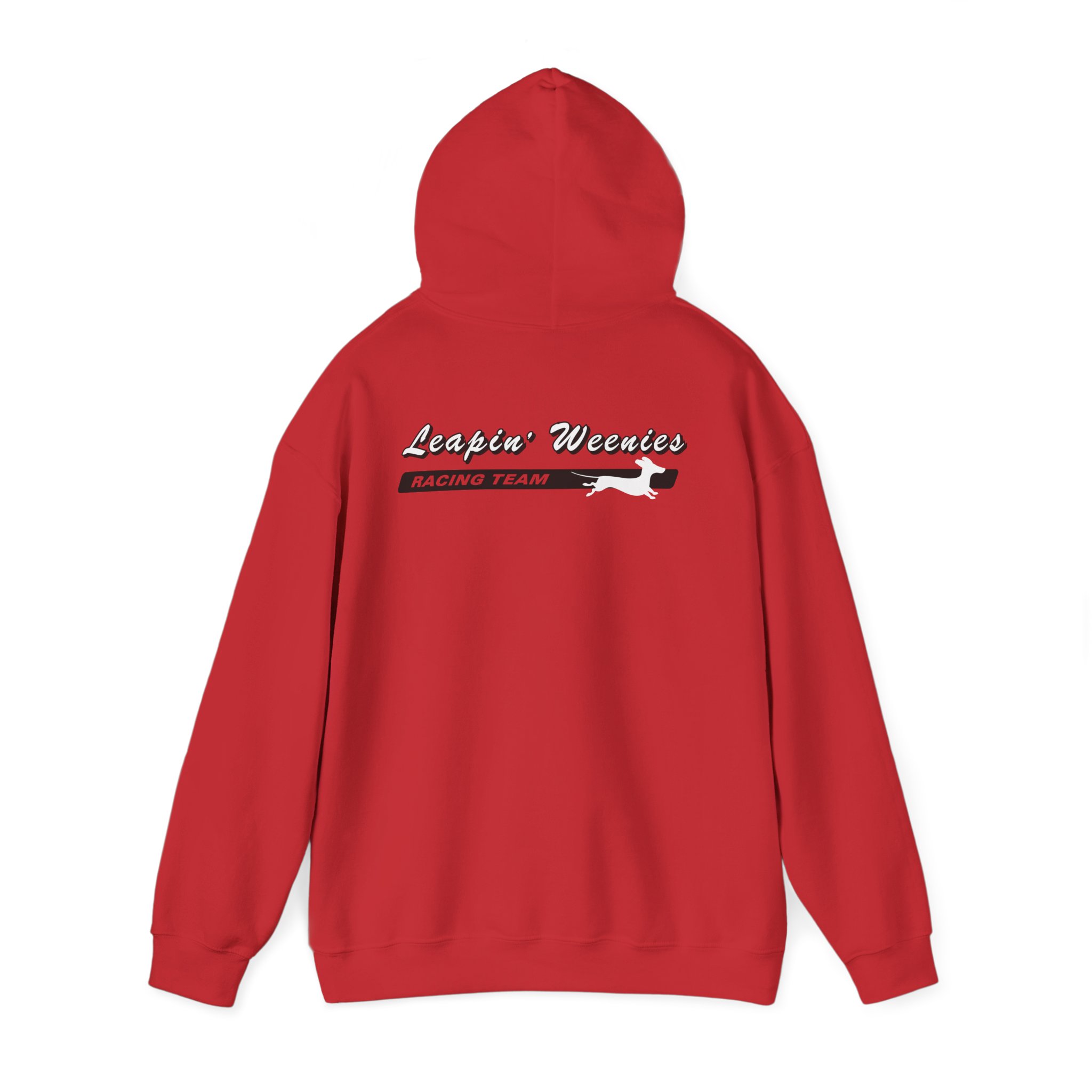 Leapin’ Weenies Racing Team hoodie with bold leaping Dachshund mascot and racing-team back logo