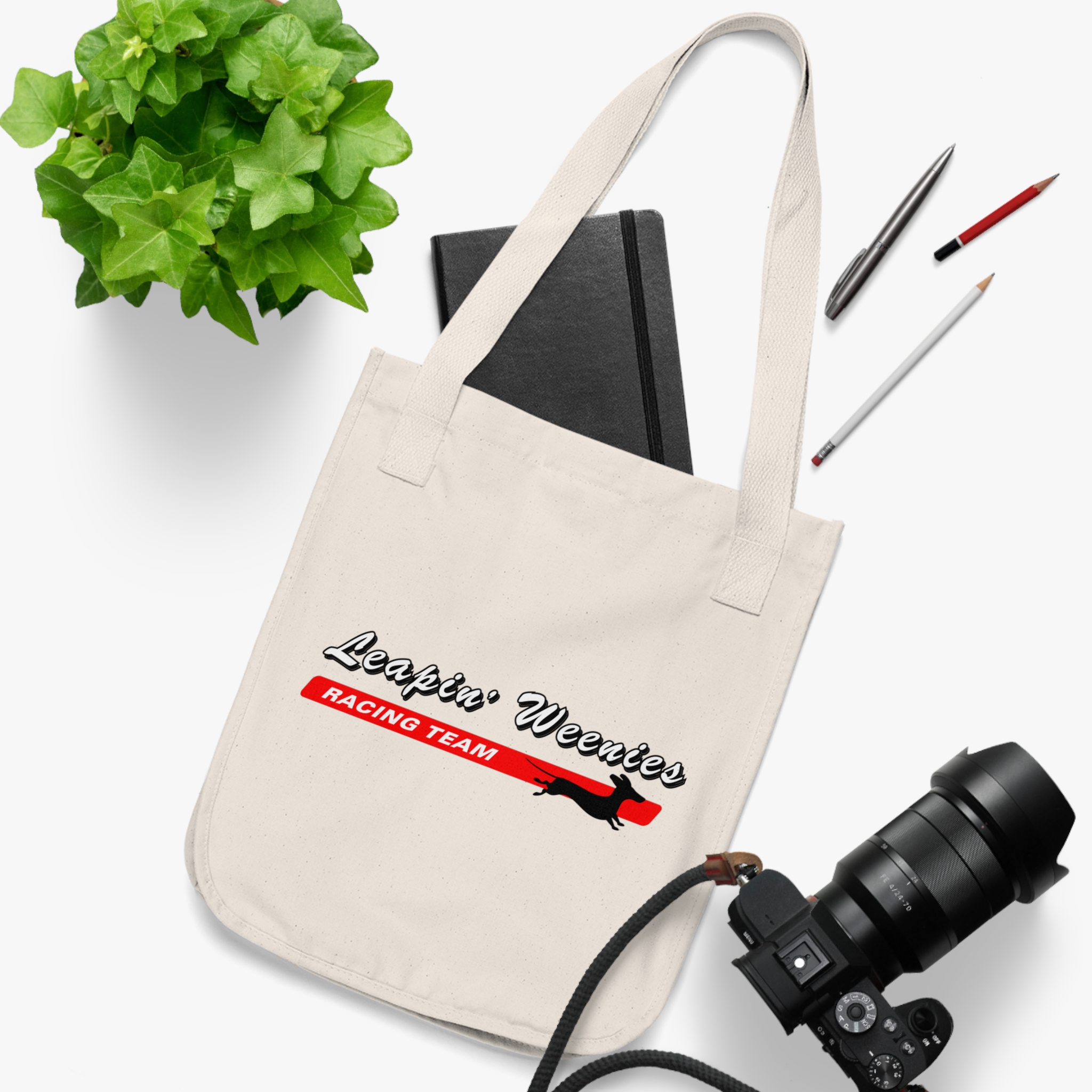 Organic canvas tote bag with Leapin’ Weenies Racing Team dachshund logo