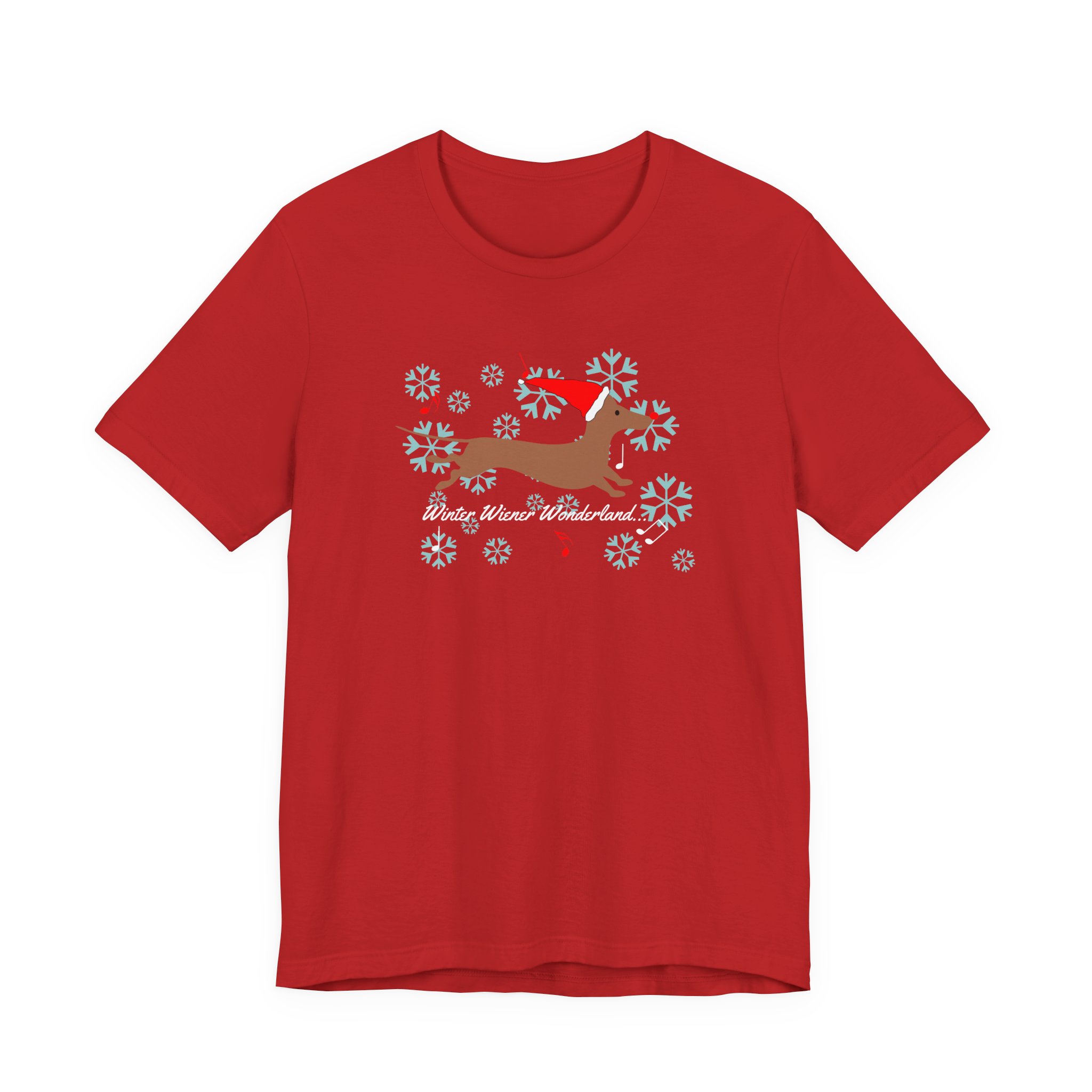 Holiday Dachshund T-shirt with Santa-hat dachshund, snowflakes, and music notes – “Winter Wiener Wonderland” design