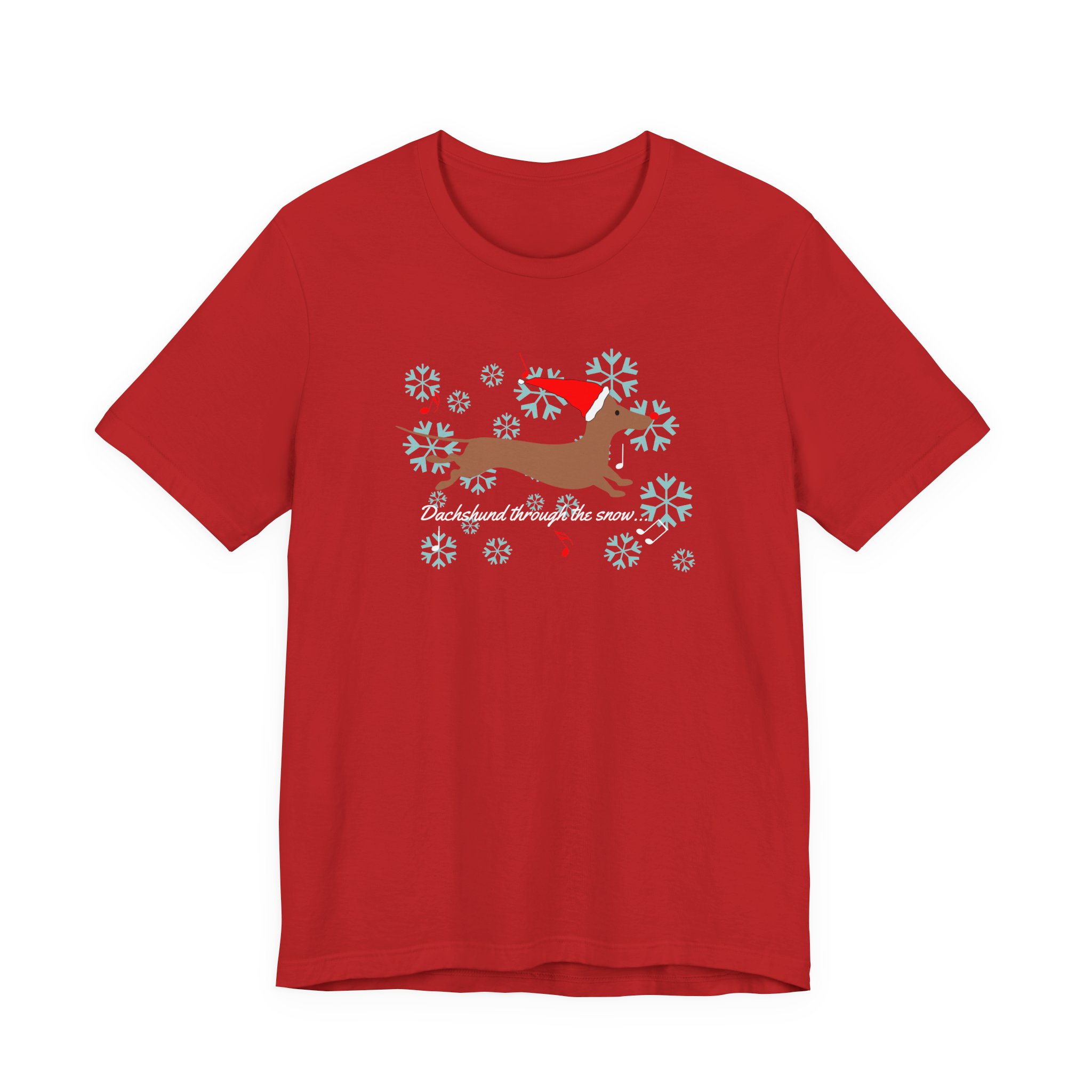 Holiday Dachshund T-shirt with leaping reindeer-style Doxie and snowflakes reading “Dachshund Through the Snow”