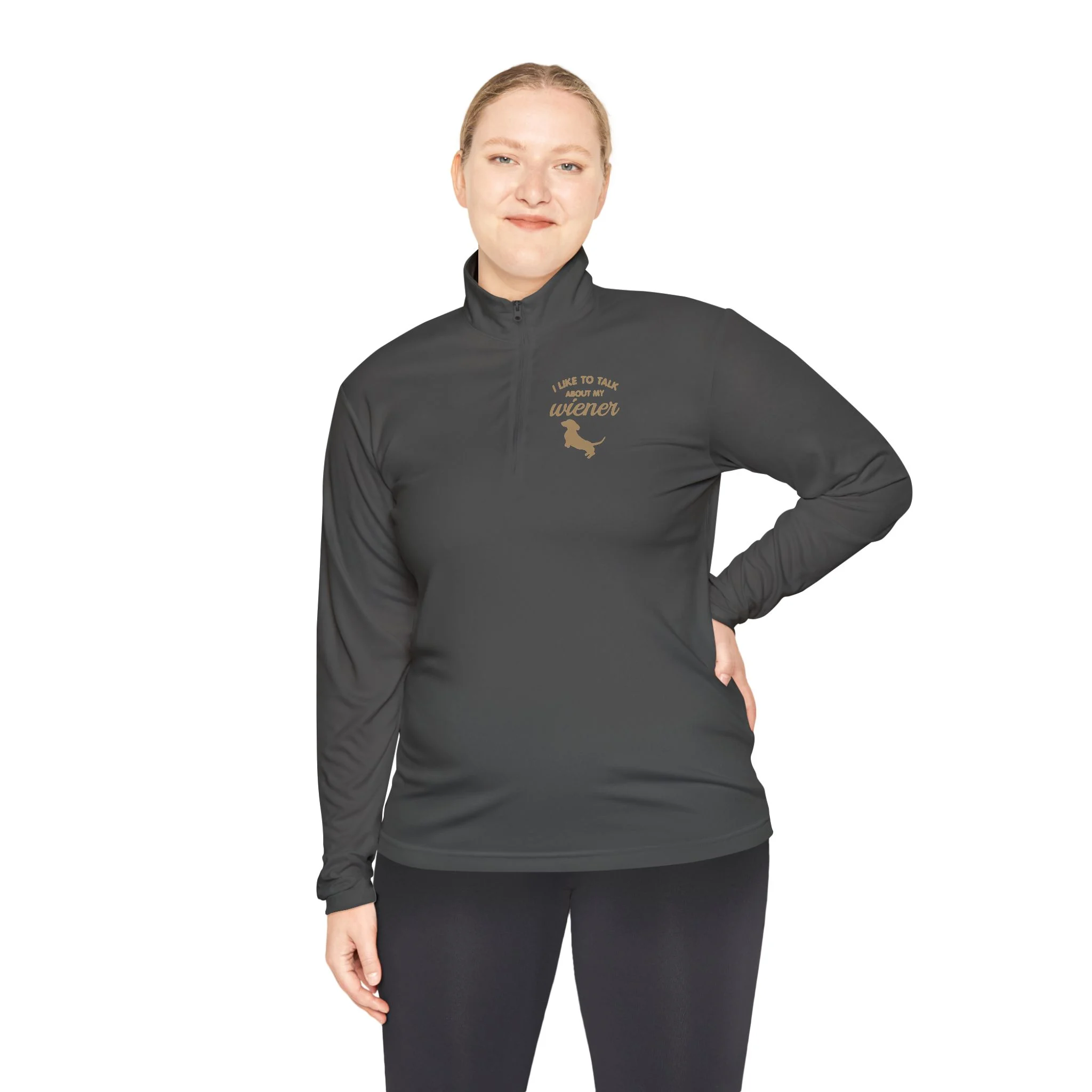 Person wearing a dark gray zip-up athletic top with chest text and a dachshund silhouette.