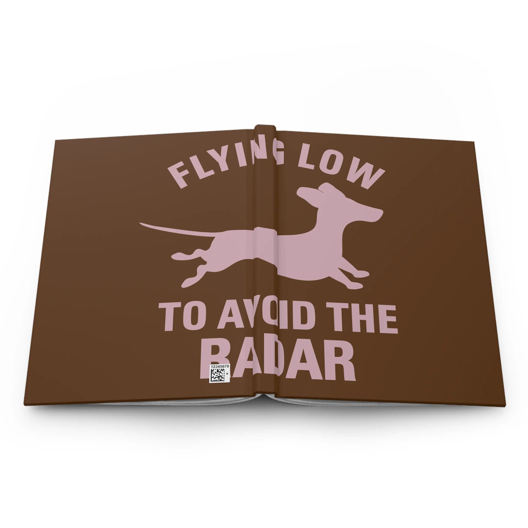 Brown poster or book cover with a pink hand silhouette and curved text reading 'FLYING LOW', plus a small QR code near the bottom edge.