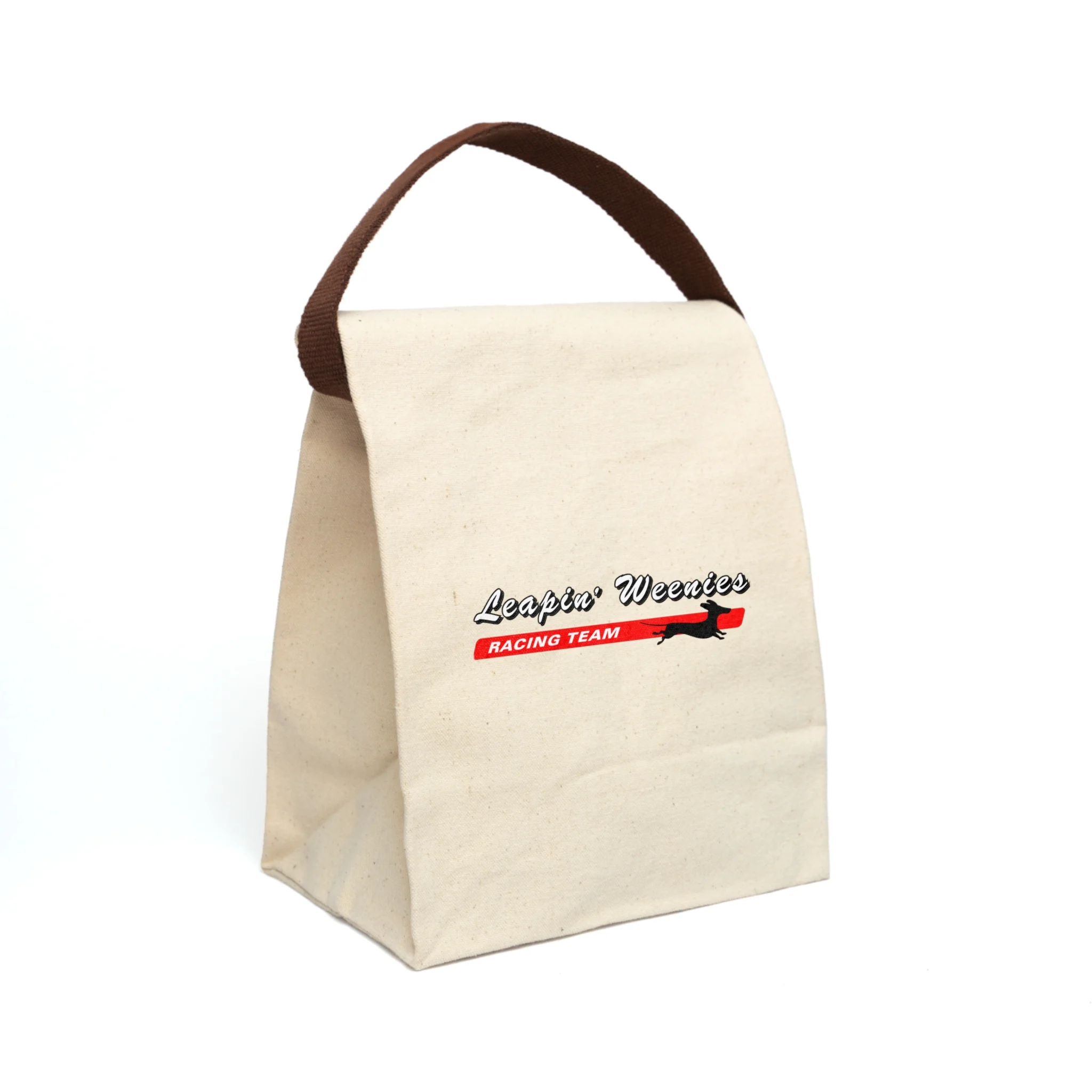 Beige canvas tote bag with brown handles and a red racing-themed logo partially visible on the front.