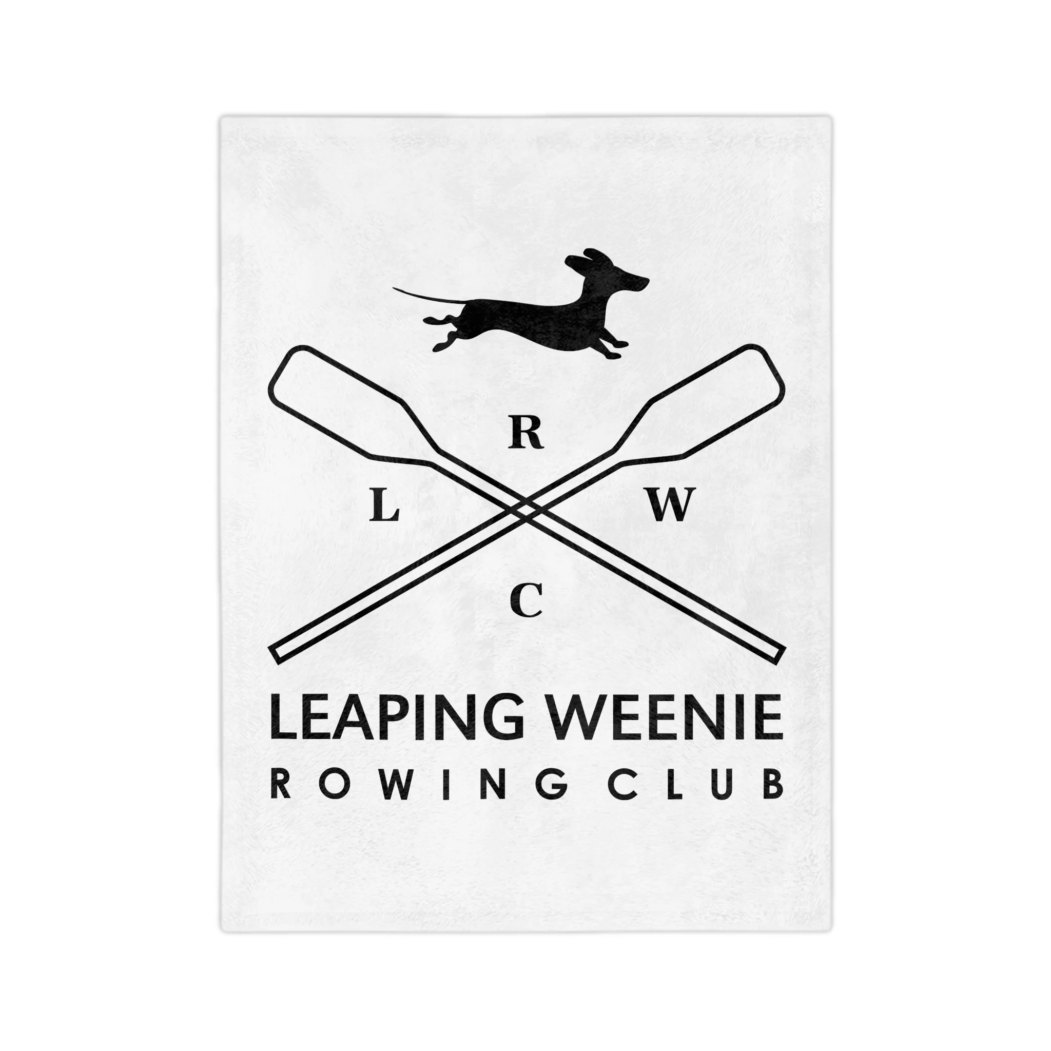 Logo for Leaping Weenie Rowing Club featuring a black dachshund leaping over crossed rowing oars.