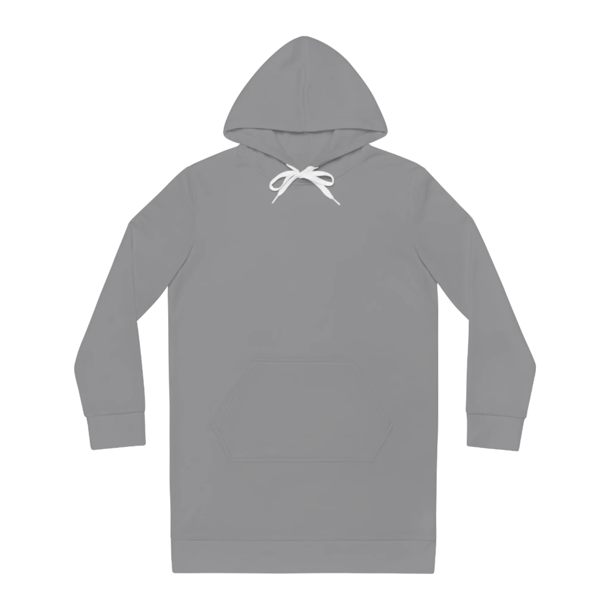 Gray hooded sweatshirt with white drawstrings, shown from the chest up, featuring a front pocket and long sleeves.