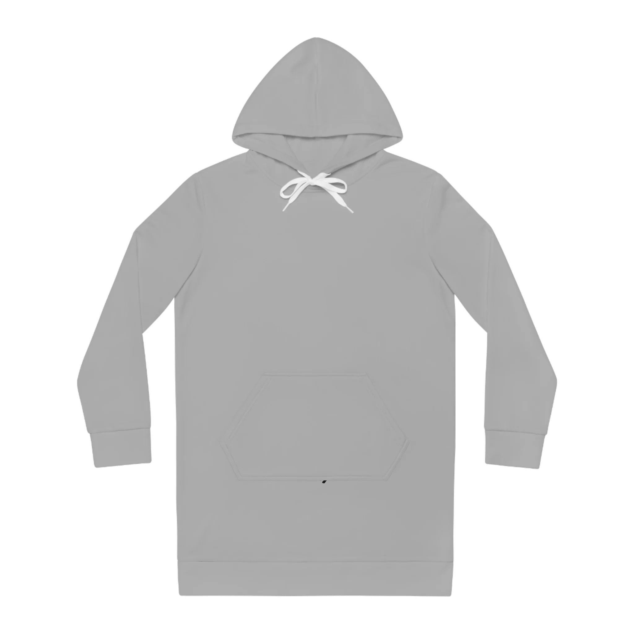 Gray hoodie with a hood and white drawstrings, shown from the torso with a front pocket visible on a plain background, garment-focused image